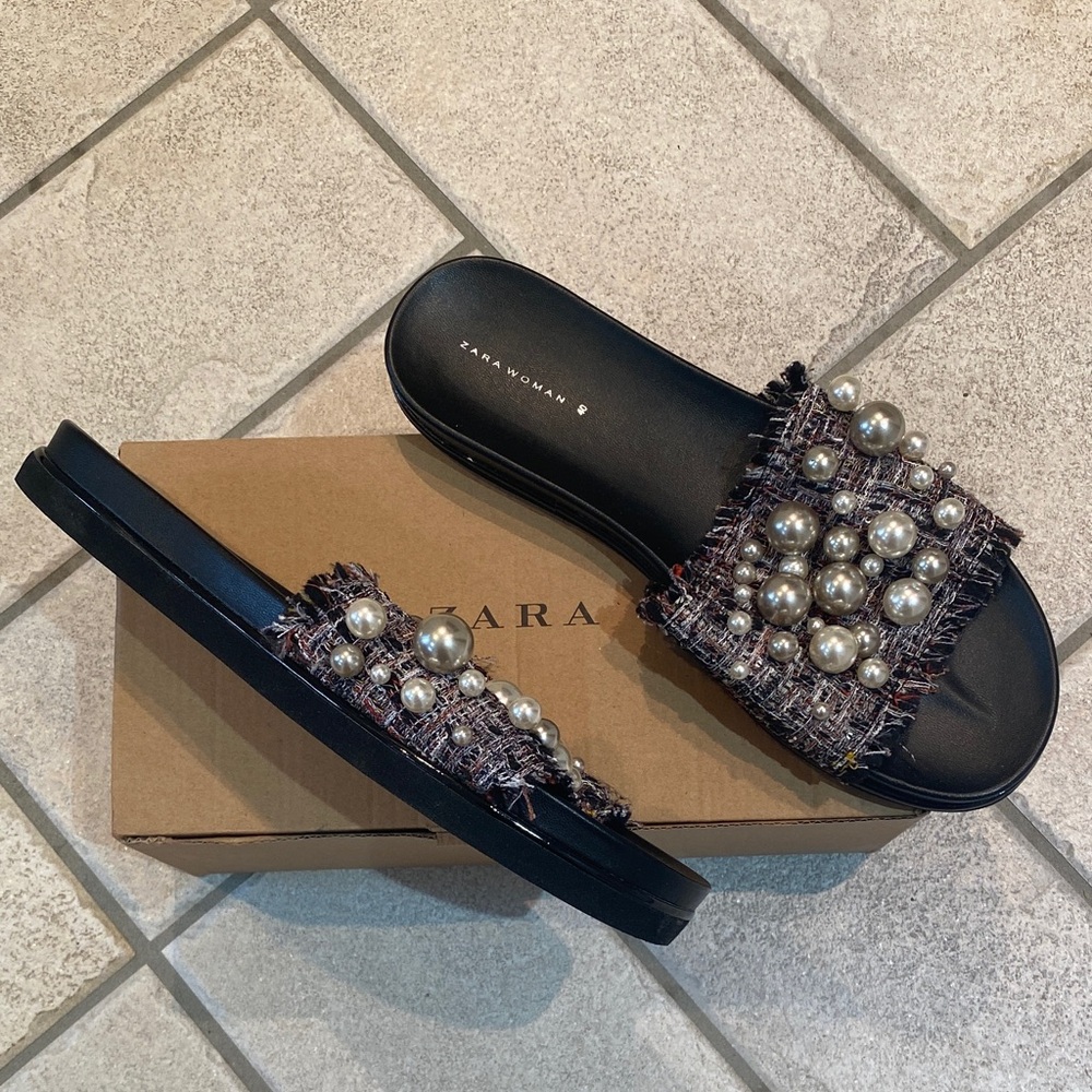 Zara Black Tweed Pearl Slides Women’s Size 9 WIDE